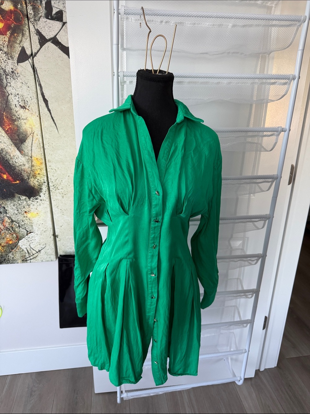 Zara Emerald Green Button-Front Shirt Dress